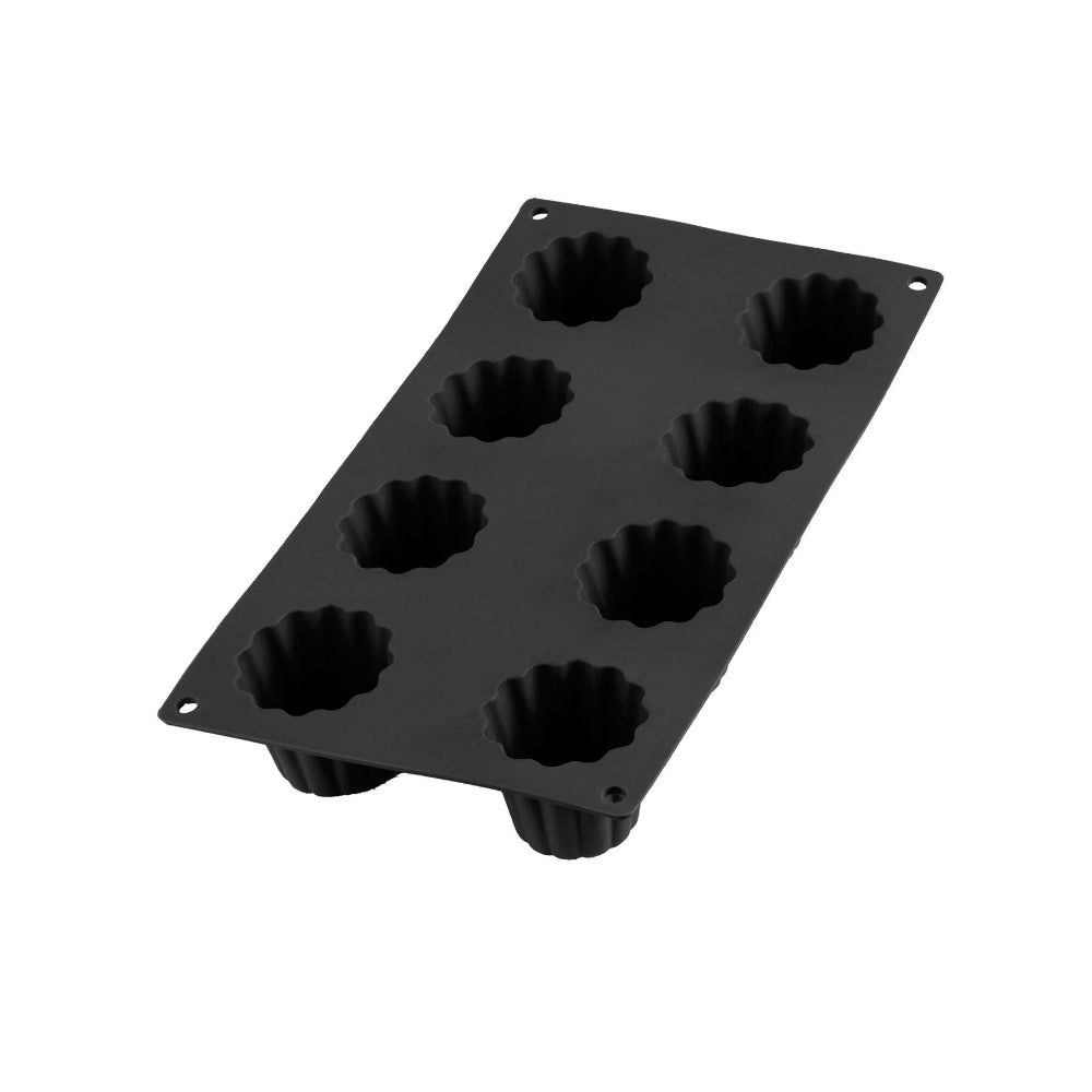 Black silicone baking mould with a white background