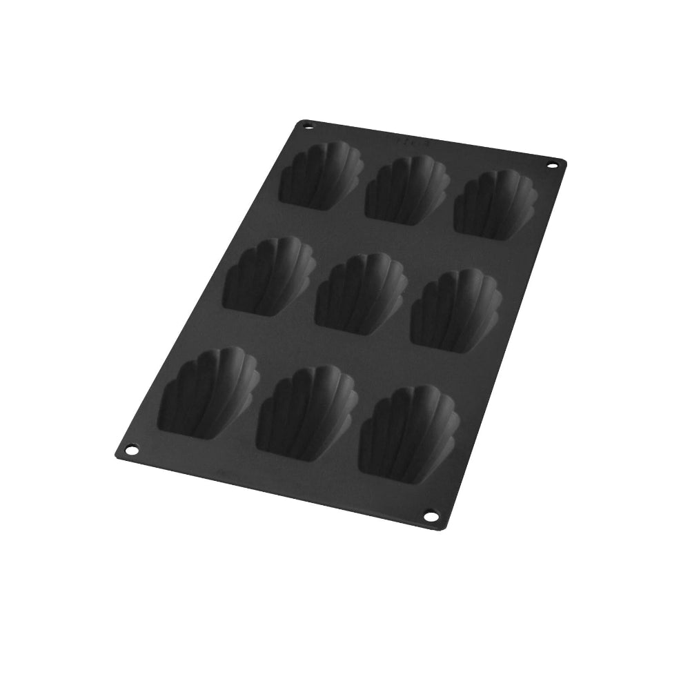 Black silicone madeleine mould with a white background