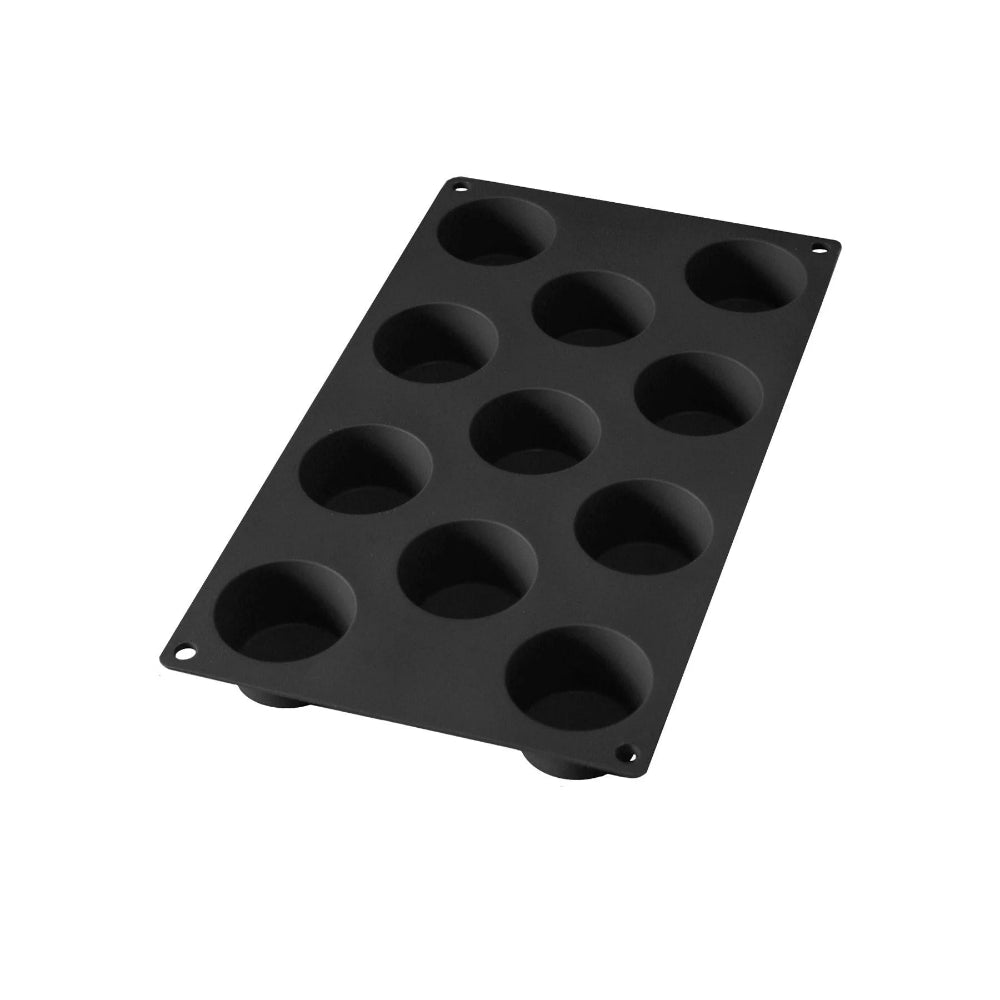 Black muffin mould with a white background