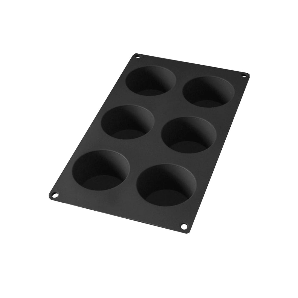 Black muffin mould with a white background 