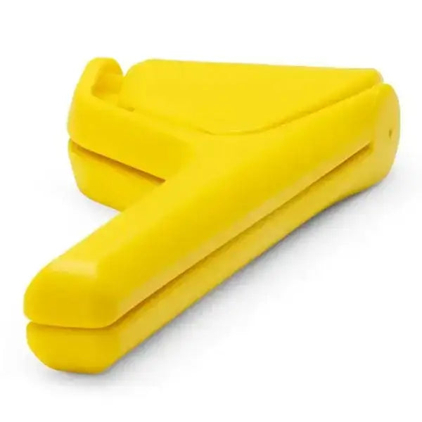 Yellow lemon juicer hand press kitchen gadget on white background, Cookin Stores premium kitchenware.