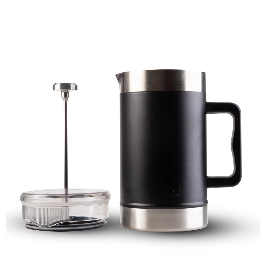 Black insulated plunger with stainless steel lid and handle on a white background