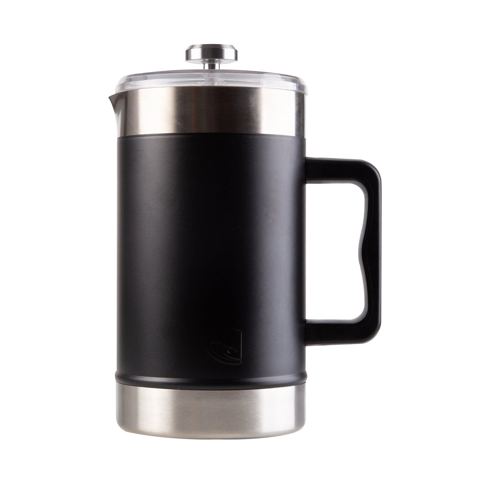 Black insulated plunger with stainless steel lid and handle on a white background