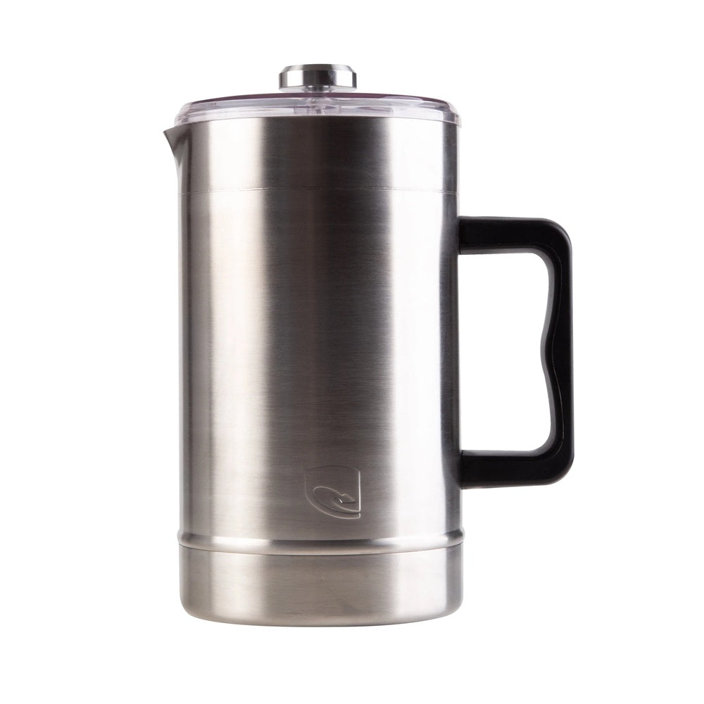 Stainless steel insulated plunger with black handle on a white background