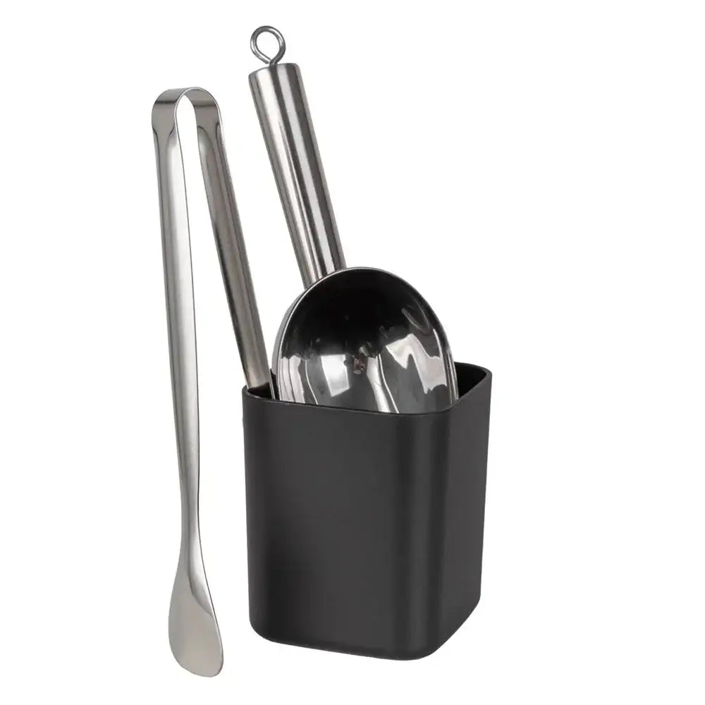 Set of metal kitchen utensils including tongs and a ladle in a black holder on a white background