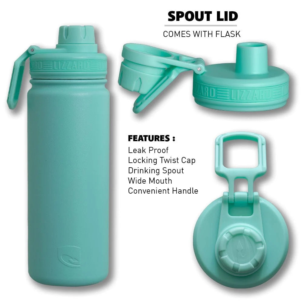 Blue flask with features listed on a white background