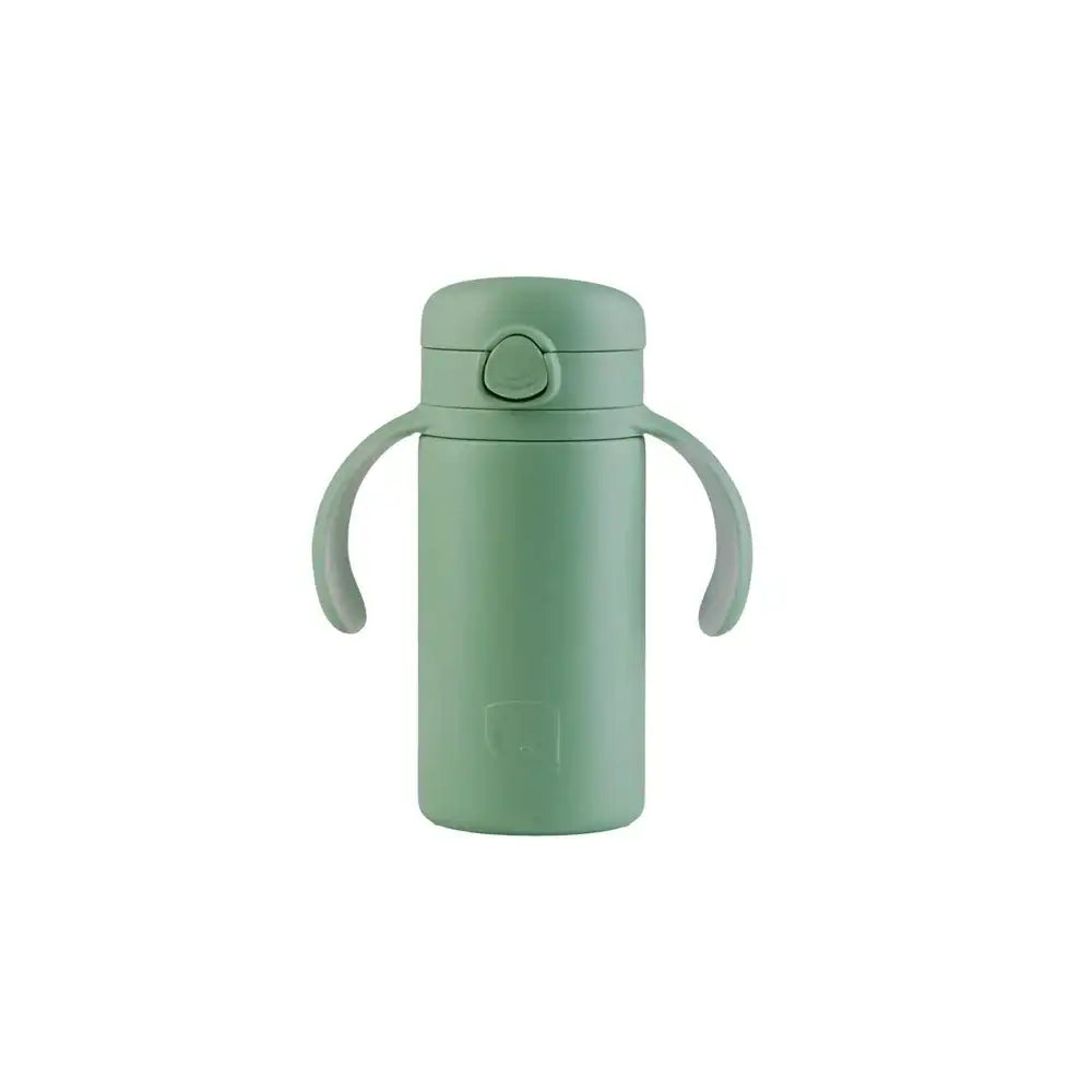 Green thermos bottle with handles on a white background