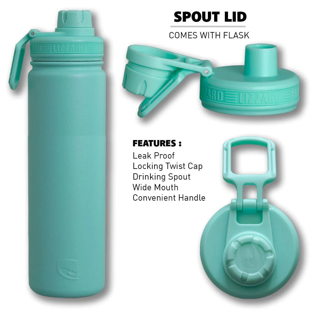 Teal water bottle with spout lid on a white background