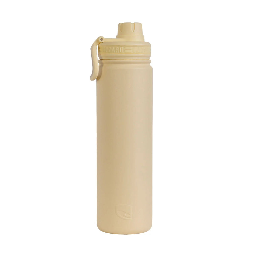 Beige water bottle with a carrying strap on a white background