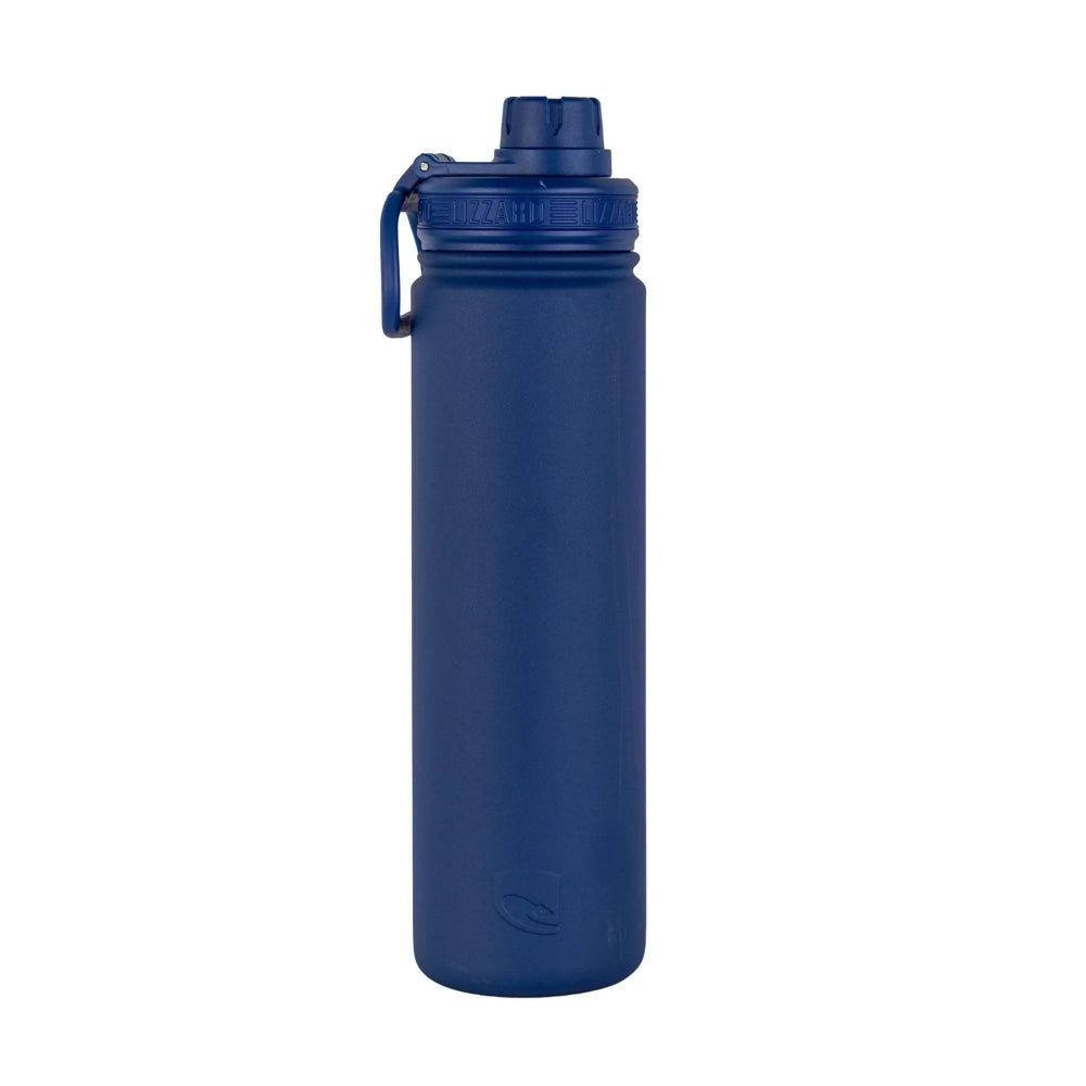 Blue water bottle with a white background