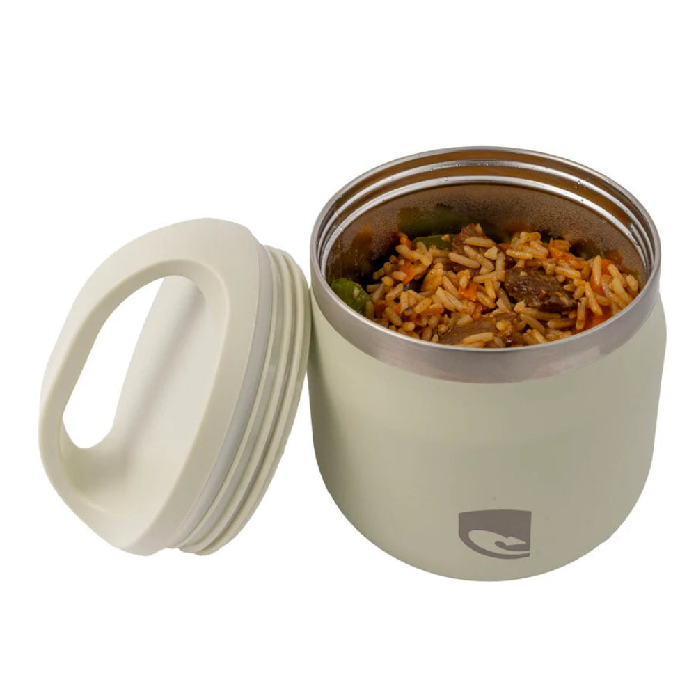 Beige food jar with cooked rice on a white background