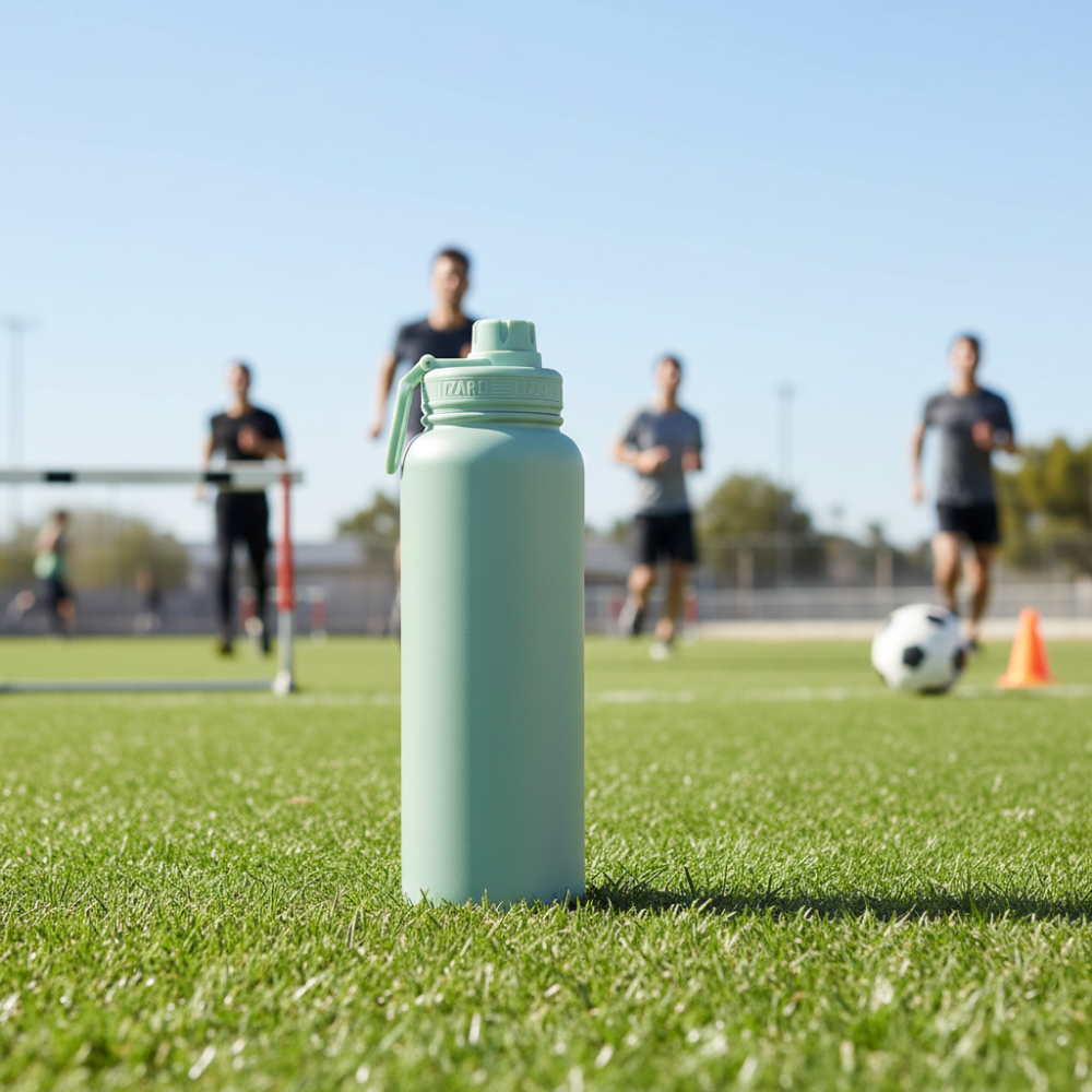 Sage water bottle on a soccer field with players in the background