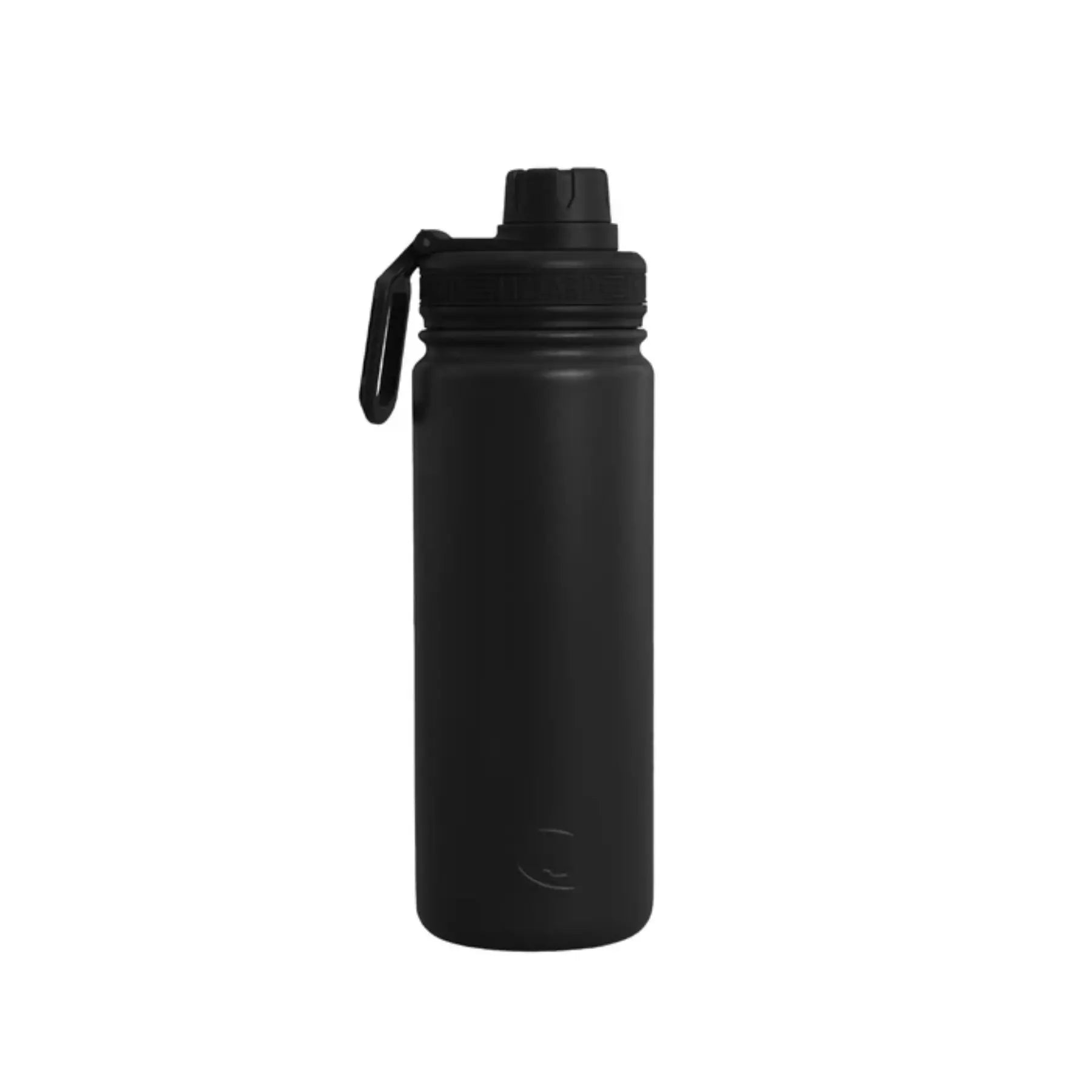 Black water bottle with a carabiner on a white background