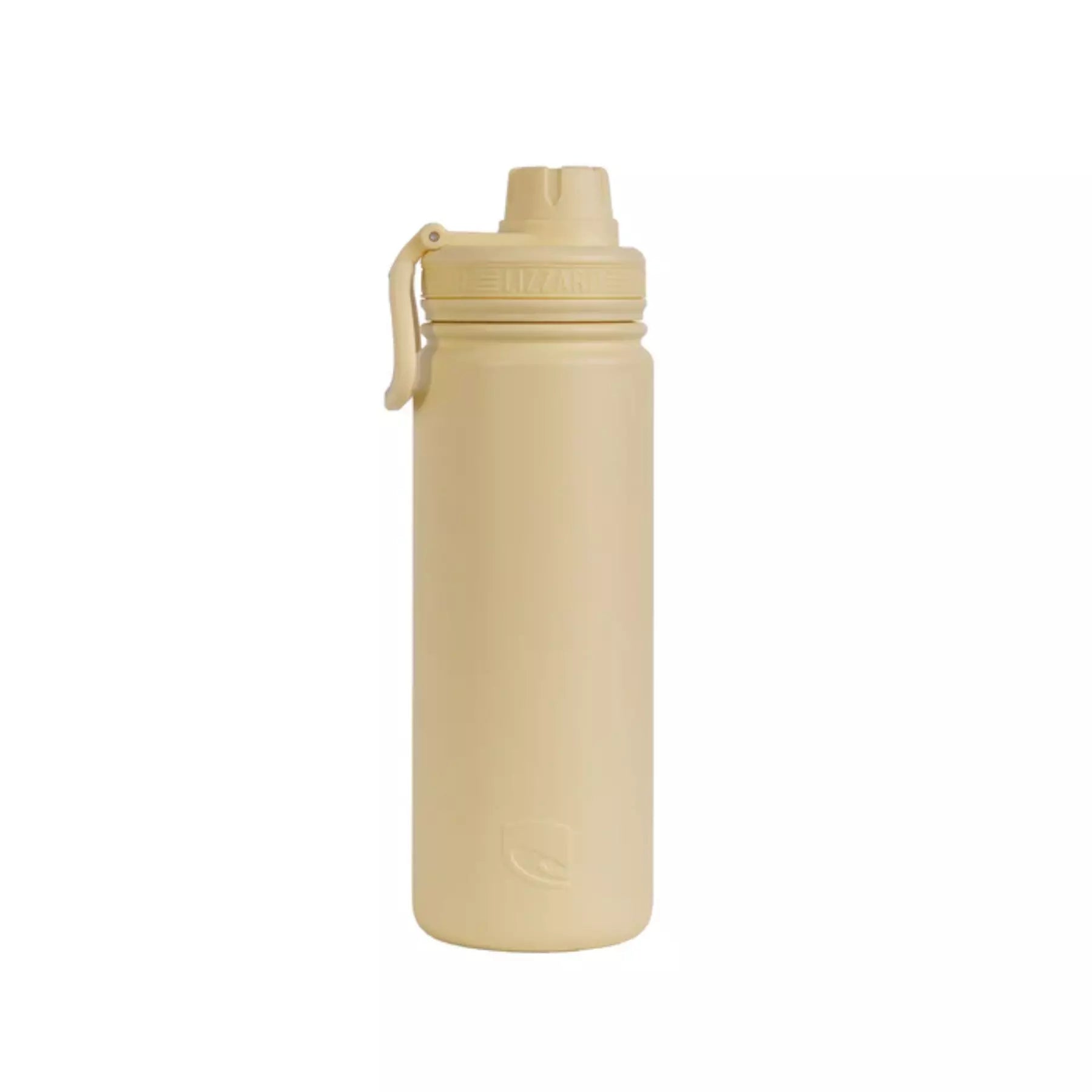 Yellow water bottle with a carrying strap on a white background