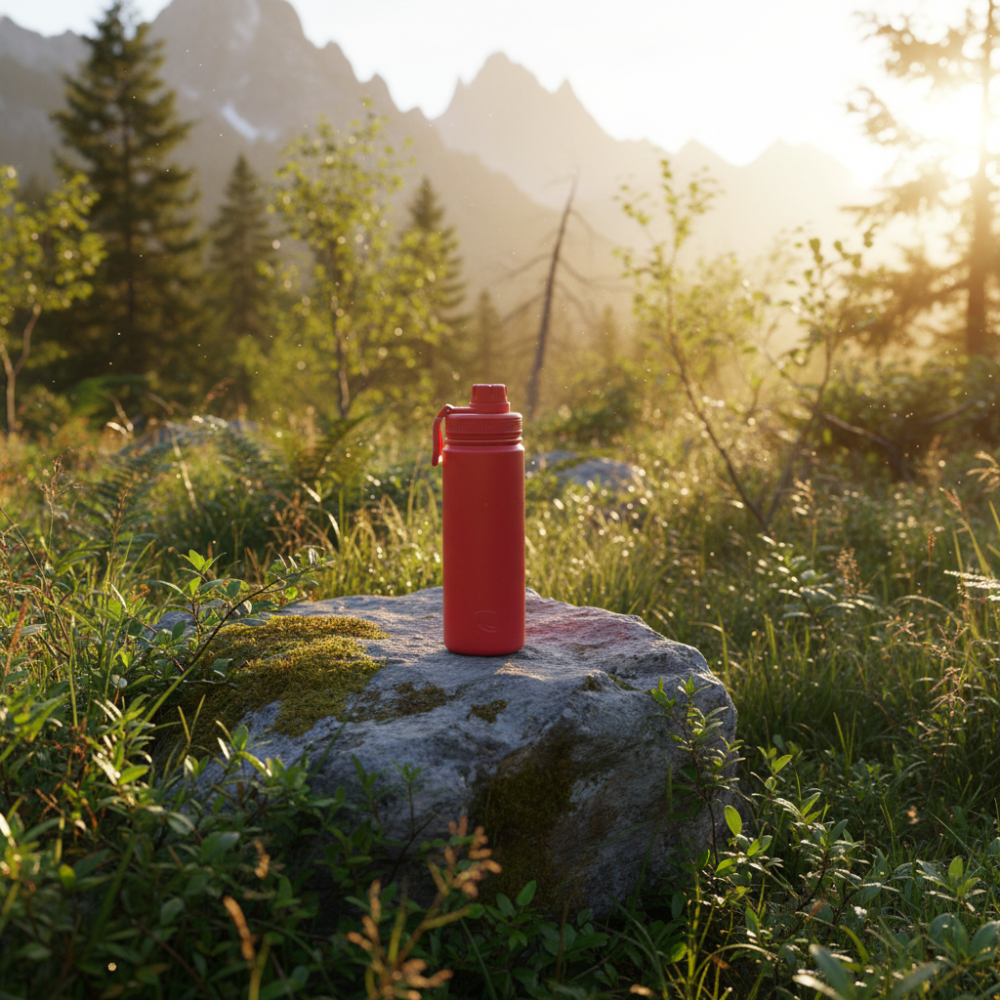 grapefruit coloured water bottle on a rock with a mountainous landscape in the background