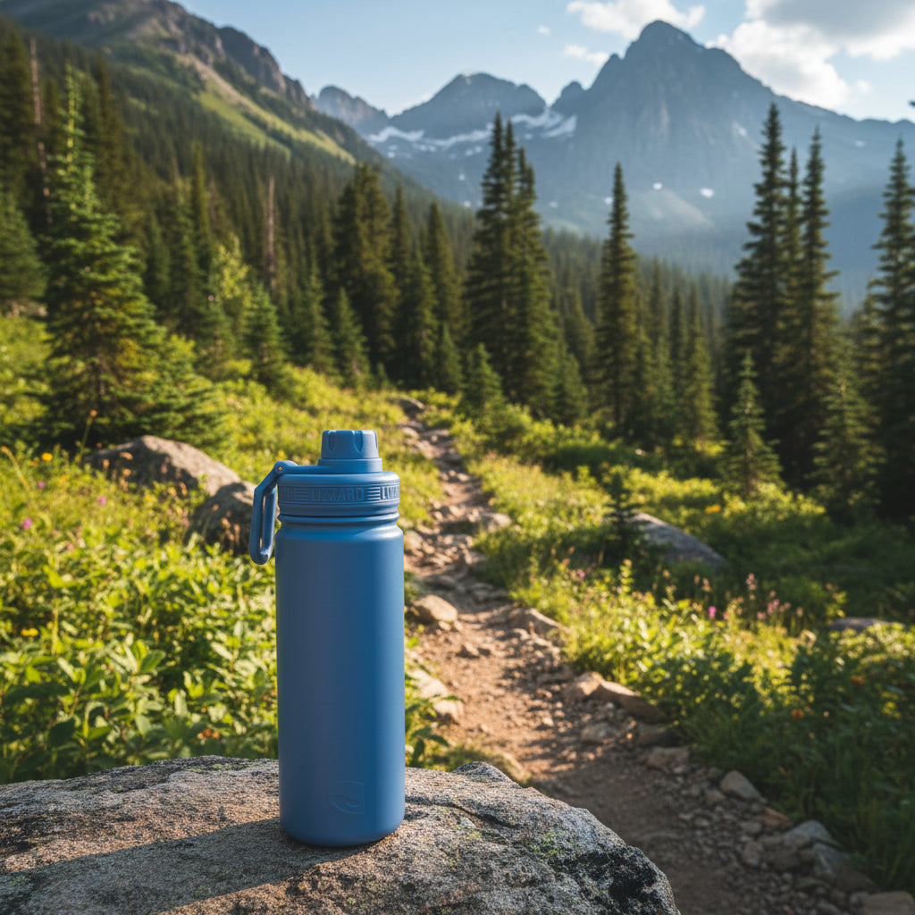 Blue water bottle with a carabiner on a white background