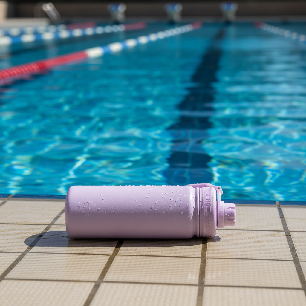 Purple water bottle on pool deck with pool in background