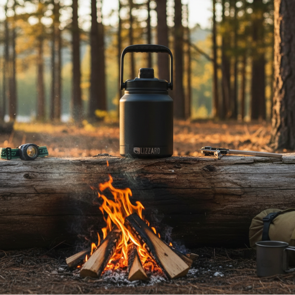 Black Lizard brand water bottle on a log with a campfire and backpack in a forest setting