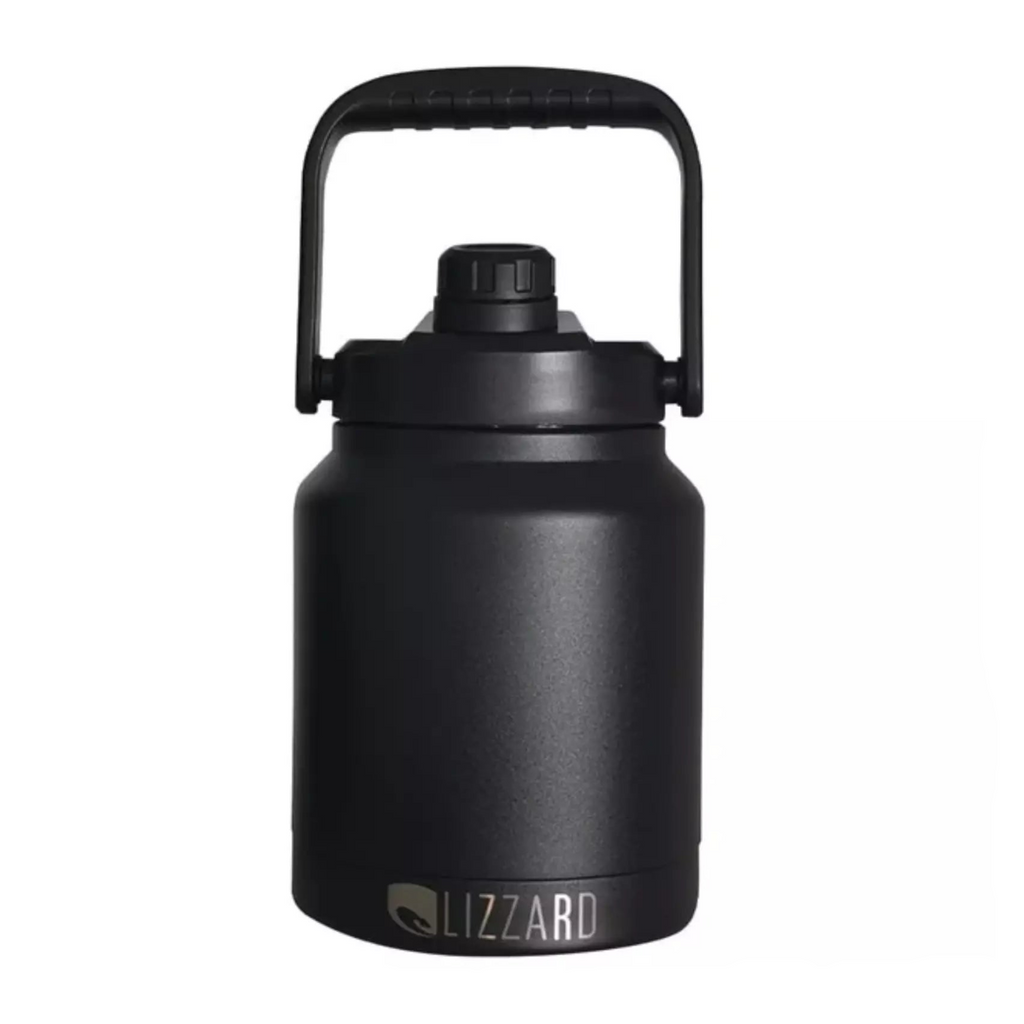 Black insulated water bottle with handle on a white background