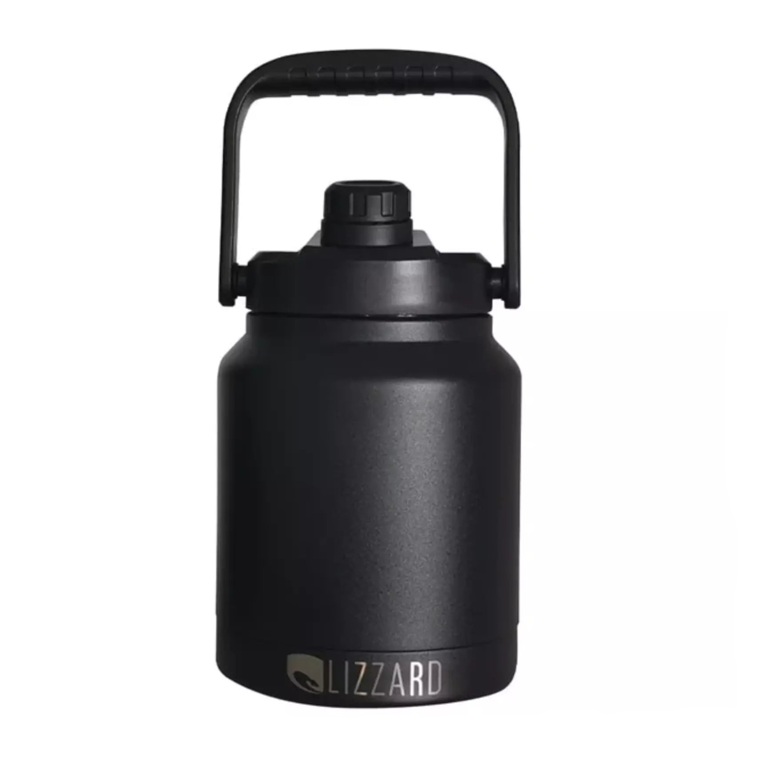 Black insulated water bottle with handle on a white background