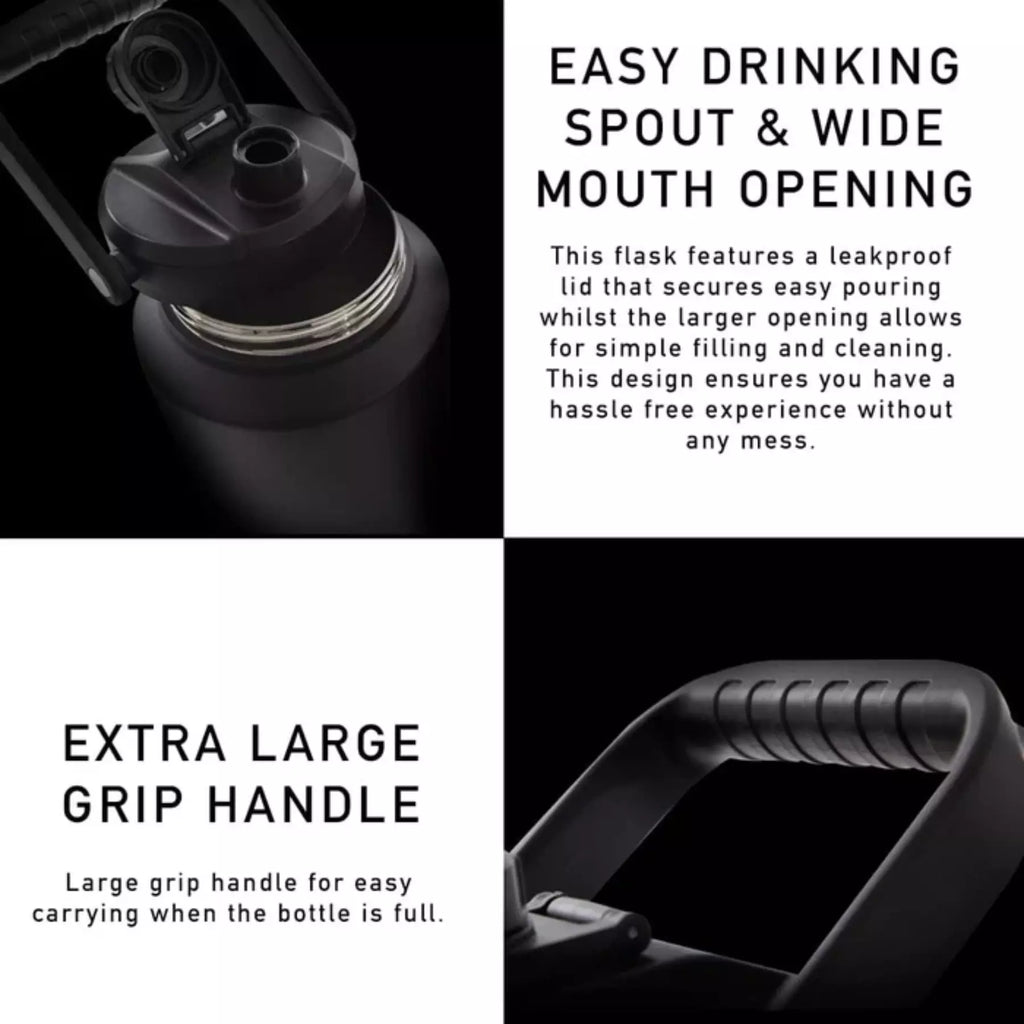 Black flask with easy drinking spout, wide mouth opening, and large grip handle on a black background.