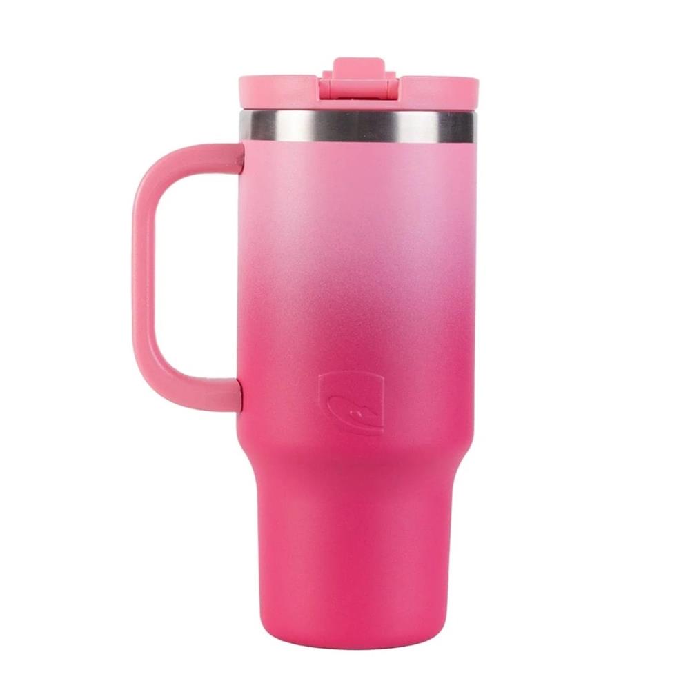 Pink travel mug with a handle on a white background