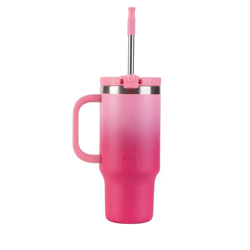Pink insulated tumbler with a handle and straw on a white background