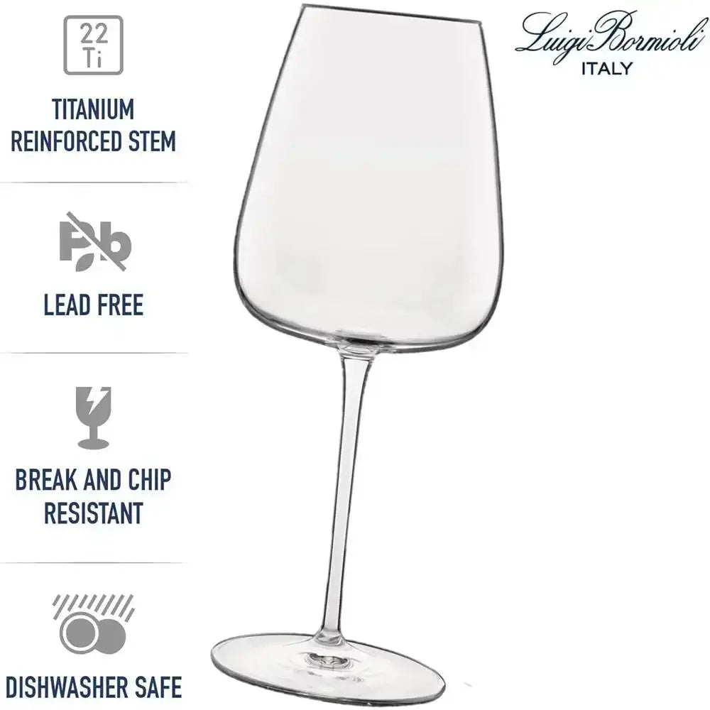 Clear wine glass with Luigi Bormioli branding and product features on a white background