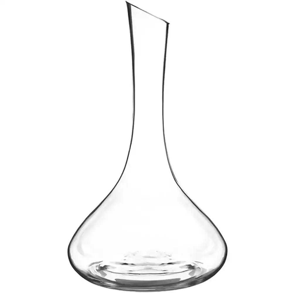 Clear glass wine decanter on a white background