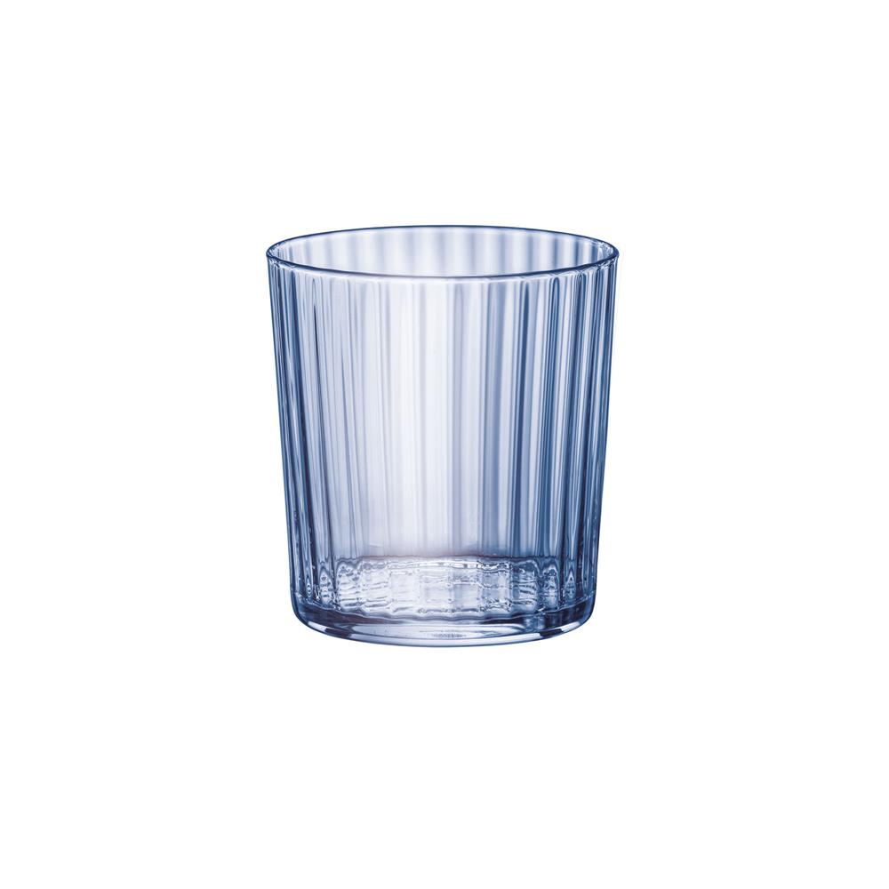 Clear glass tumbler with vertical stripes on a white background