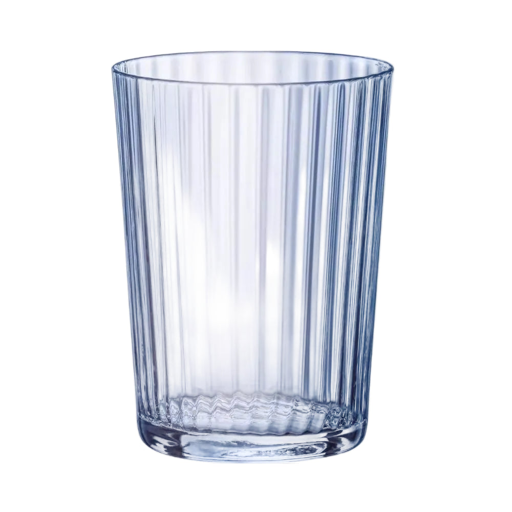 Blue glass tumbler with vertical stripes on a white background