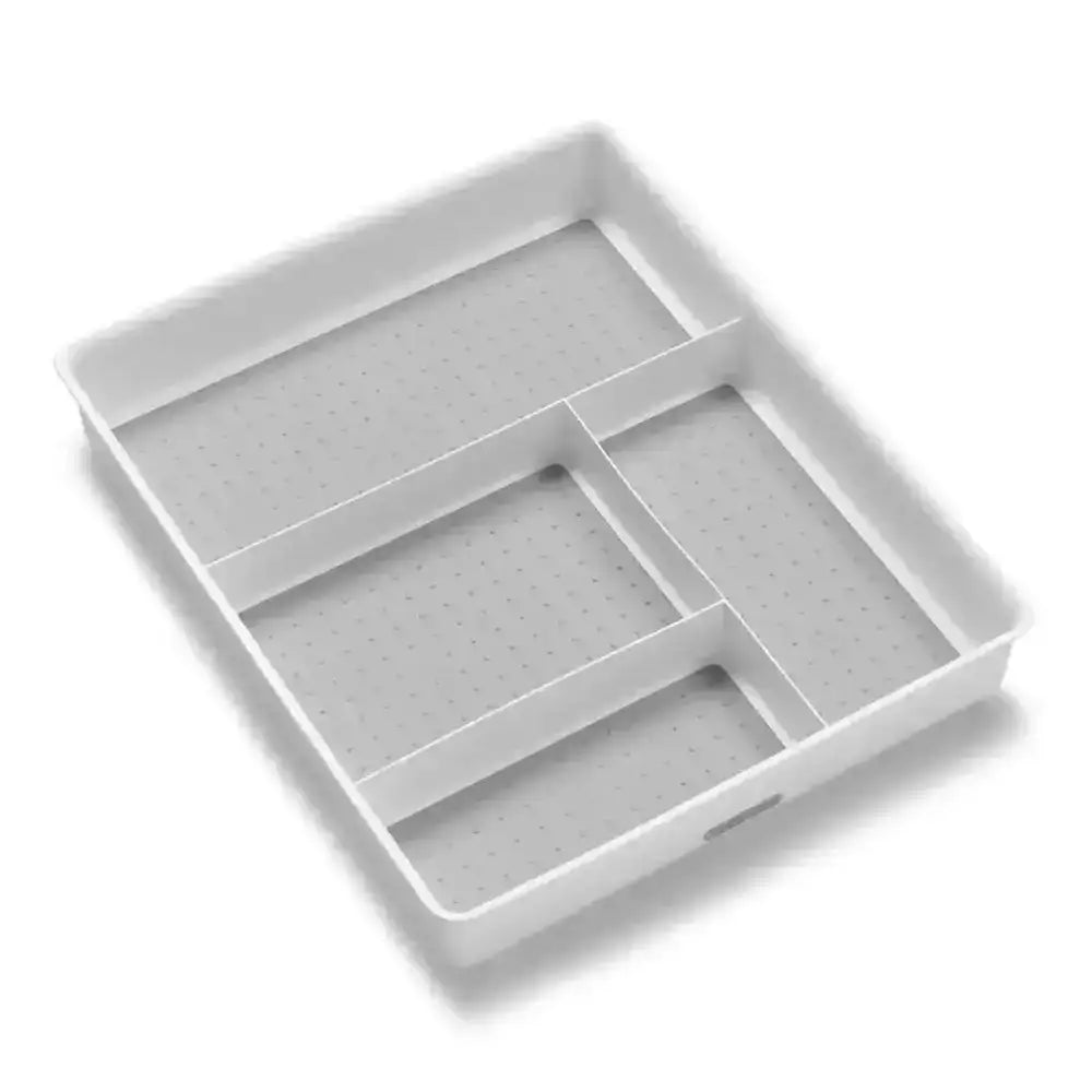White drawer organizer with compartments on a white background