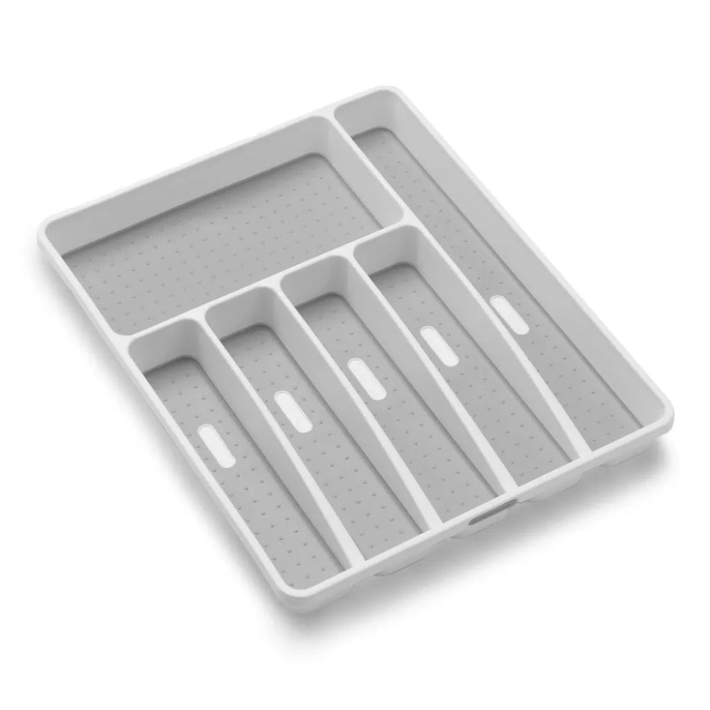 Gray plastic cutlery organizer tray on a white background