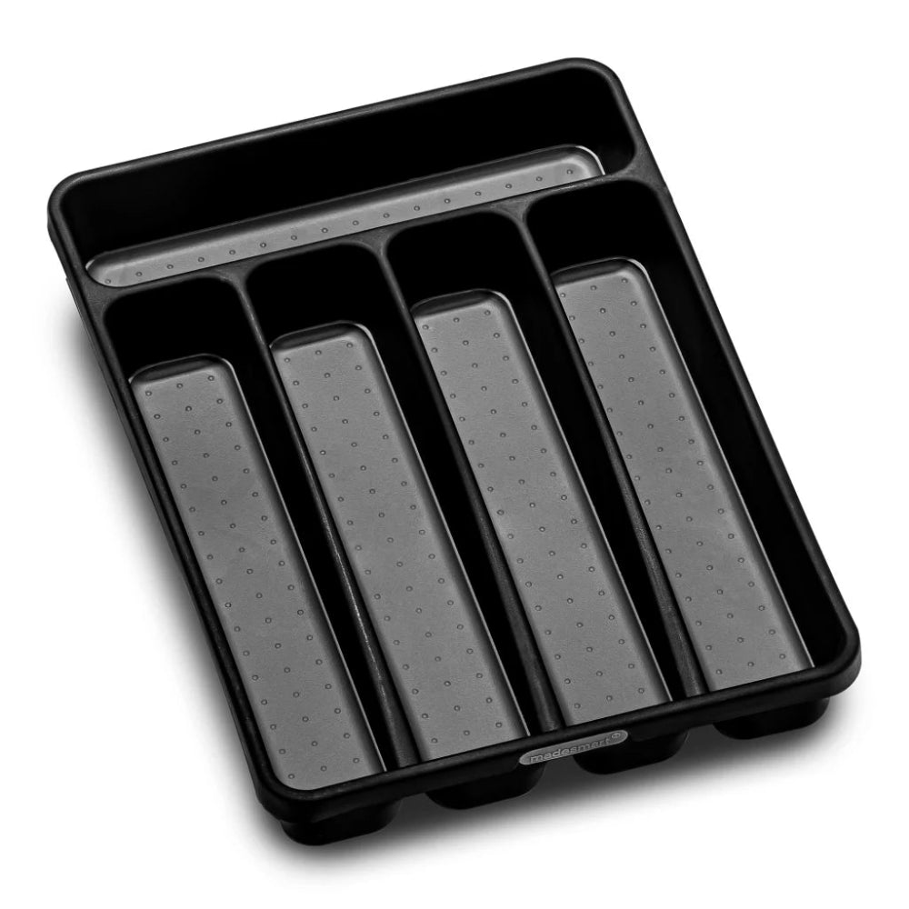 Black and gray kitchen utensil organizer tray on a white background