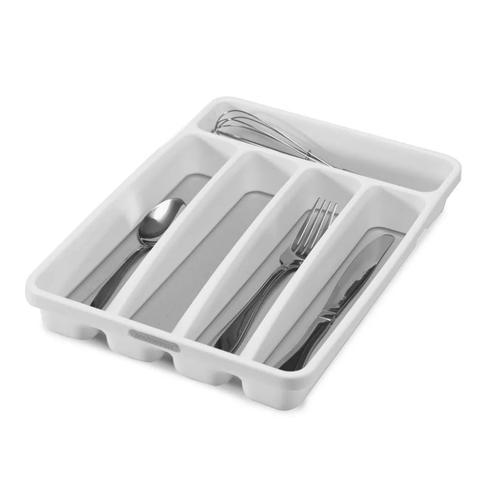 White cutlery organizer with silverware on a white background