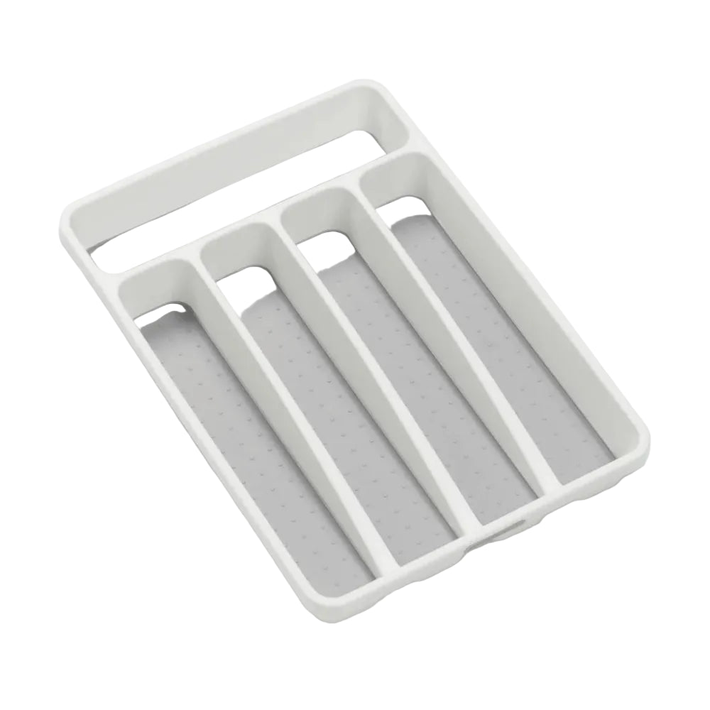 Gray plastic cutlery organizer with multiple compartments on a white background