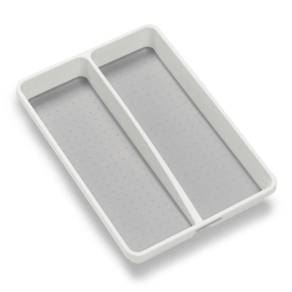 Gray tray with divided sections on a white background