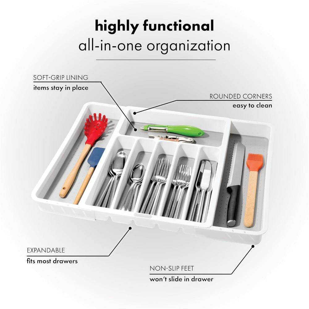 Kitchen utensil organizer with labeled features on a white background