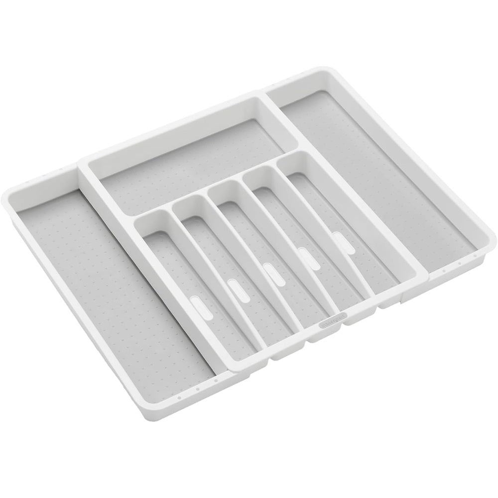 Gray plastic cutlery organizer on a white background