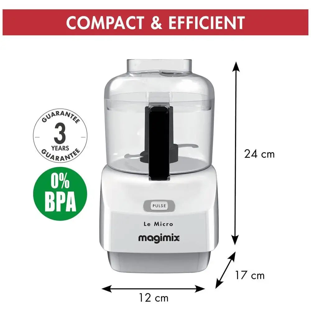 Magimix food processor with dimensions and quality guarantees on a white background