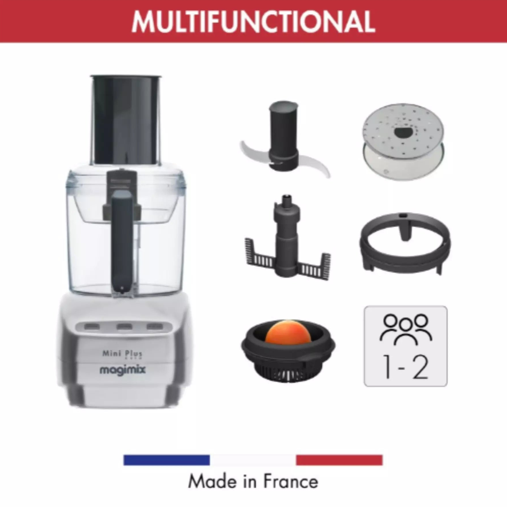 Magimix Mini Plus food processor with attachments on a white background, featuring the text 'Multifunctional' and 'Made in France'.