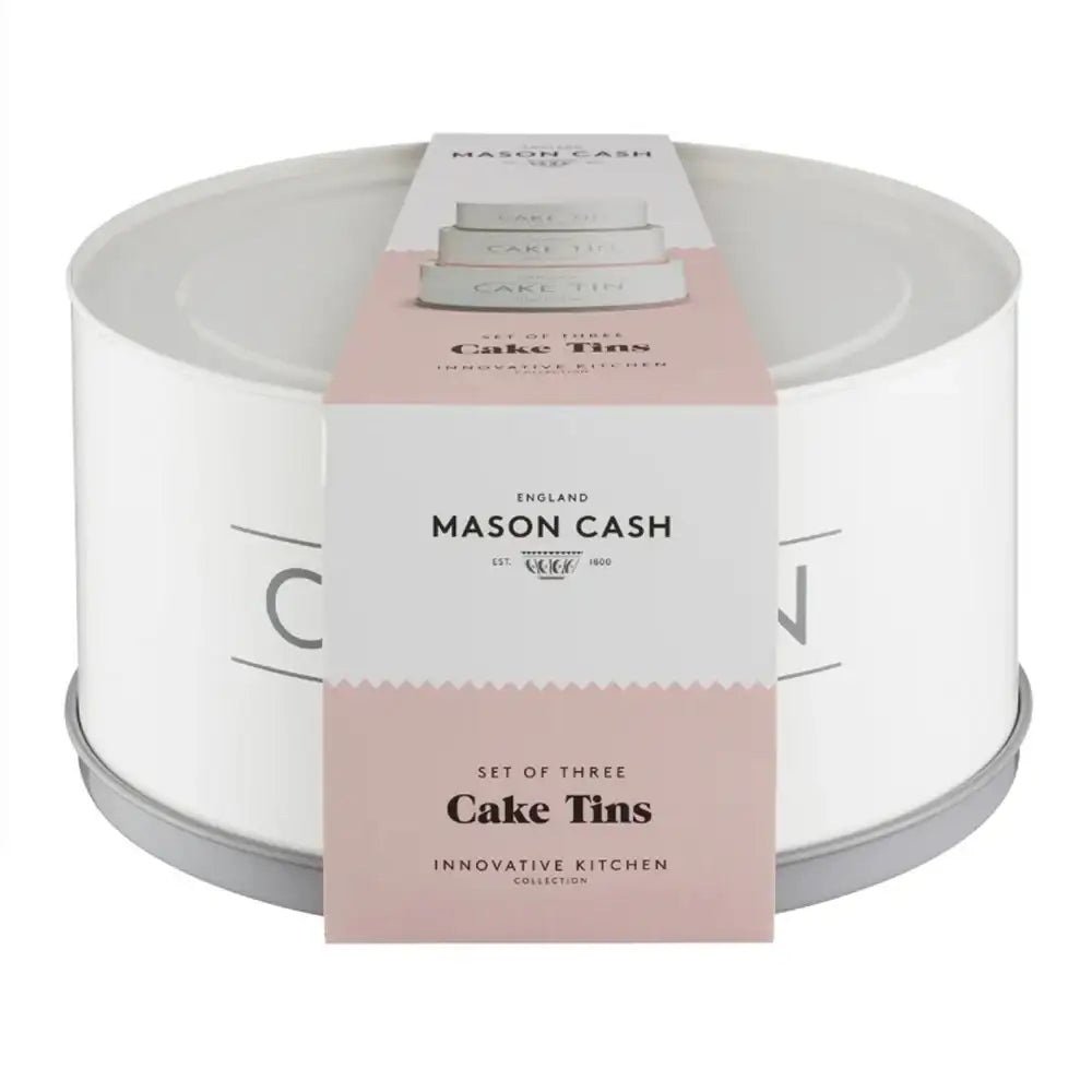 Set of three Mason Cash cake tins in packaging on a white background