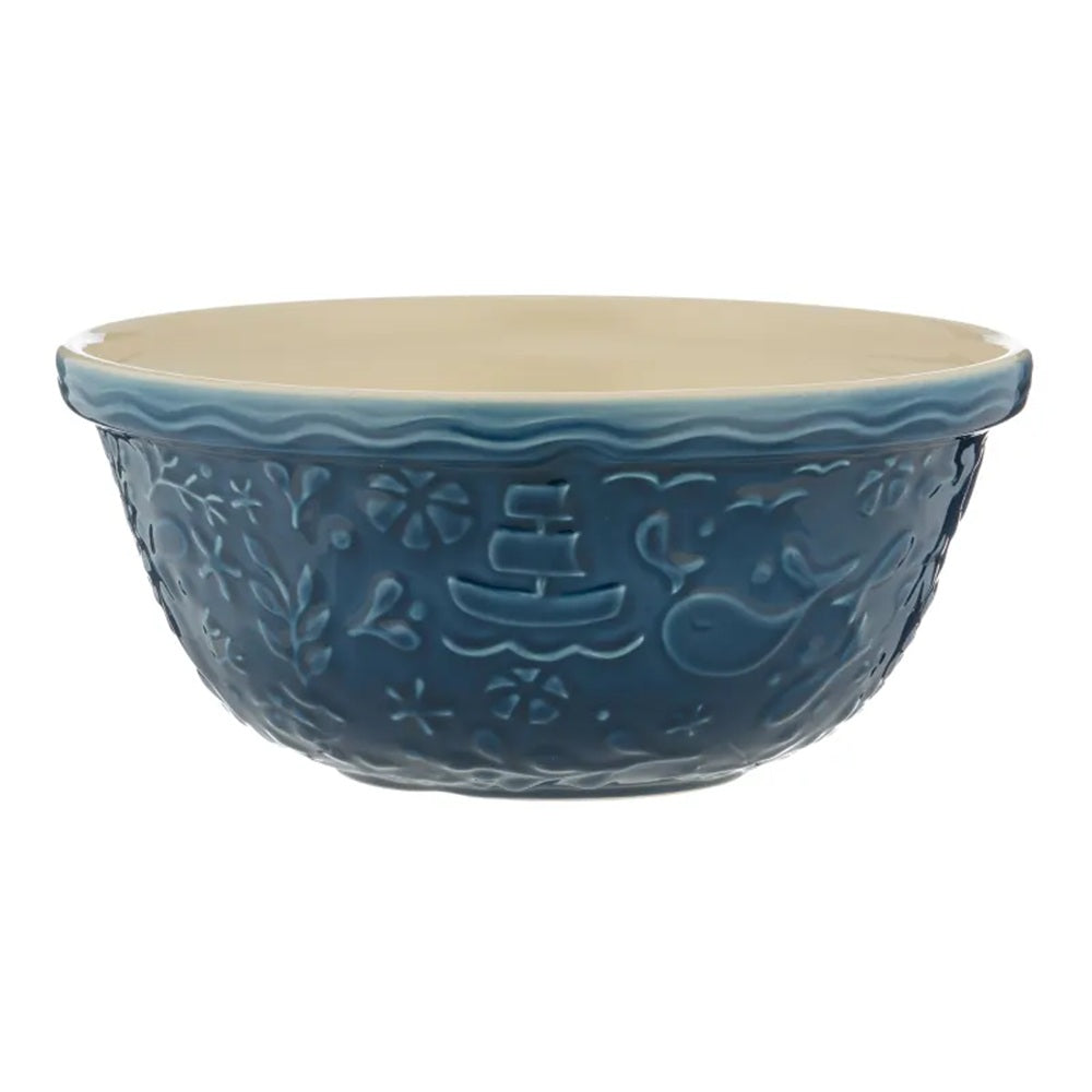 Blue ceramic bowl with decorative patterns on a white background