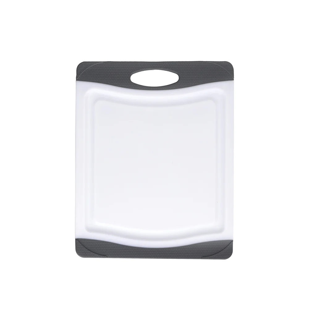 White cutting board with black edges on a white background