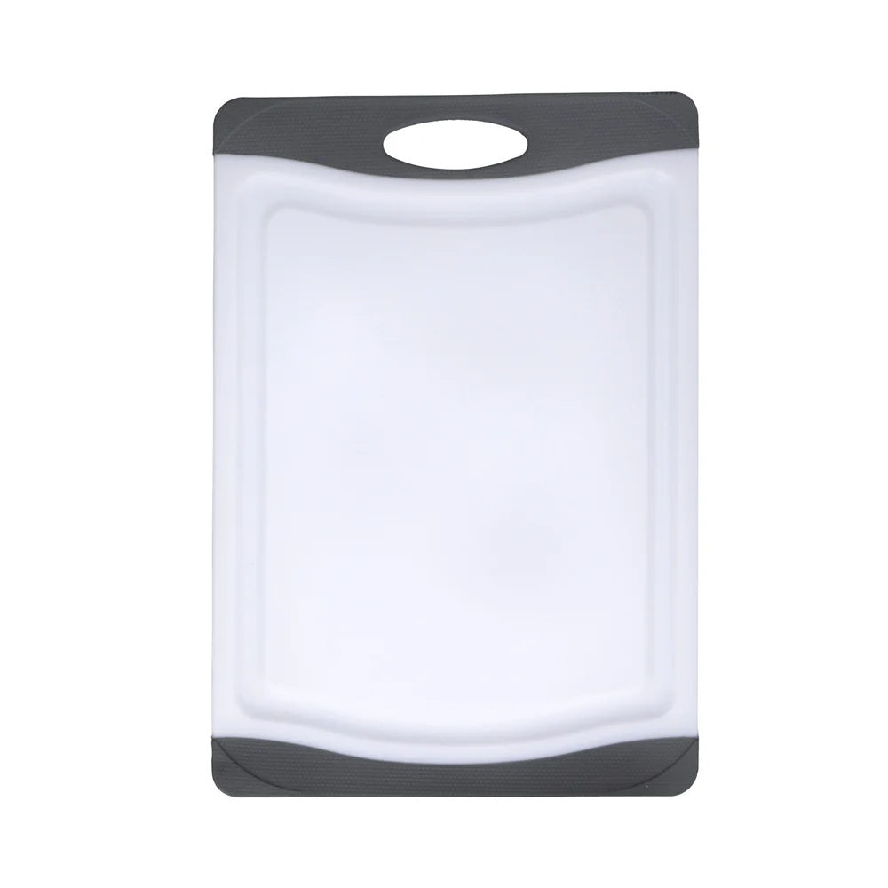 White cutting board with black edges on a white background