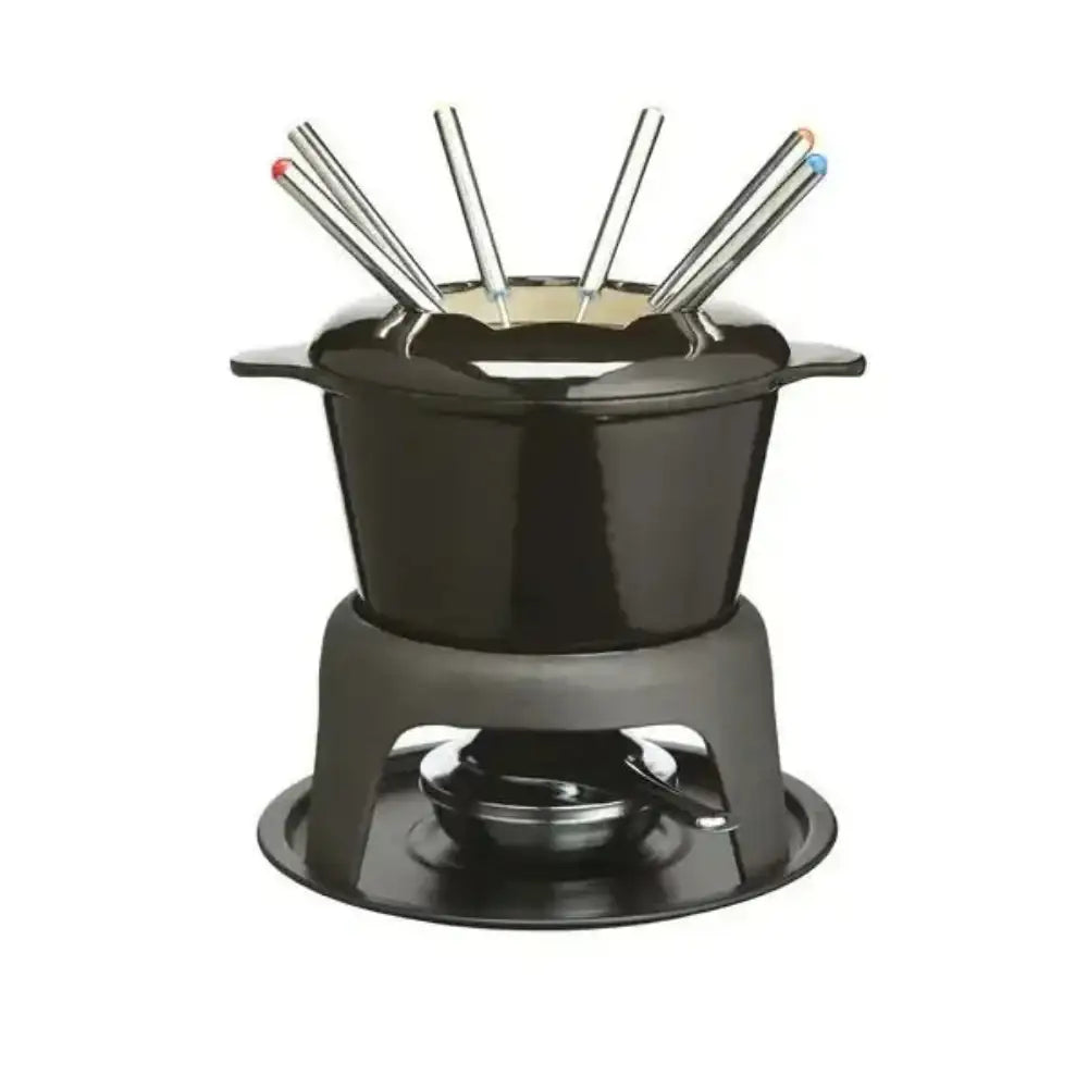 Black fondue pot with metal fondue sticks on a white background