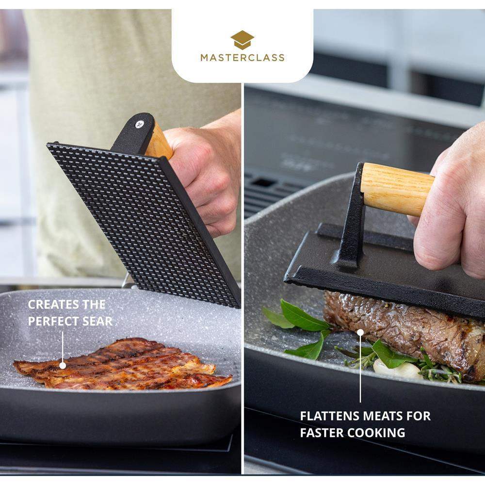 Cooking tool being used on a pan with text indicating its functions.
