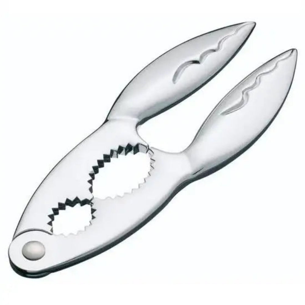 Metallic crab claw opener on a white background