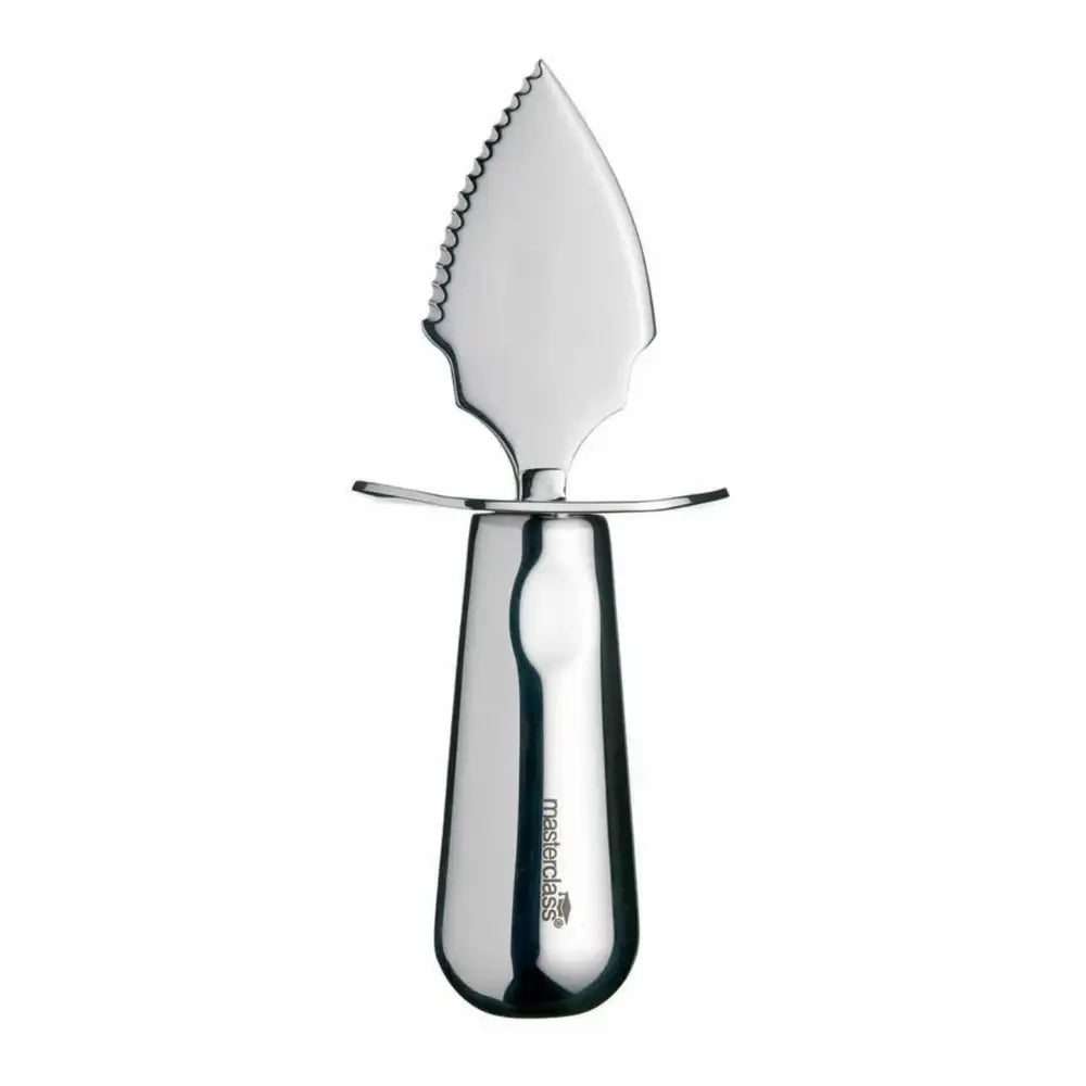 Metallic knife with a serrated blade on a white background