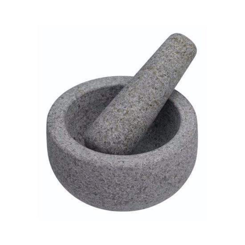 Gray stone mortar and pestle on a white background